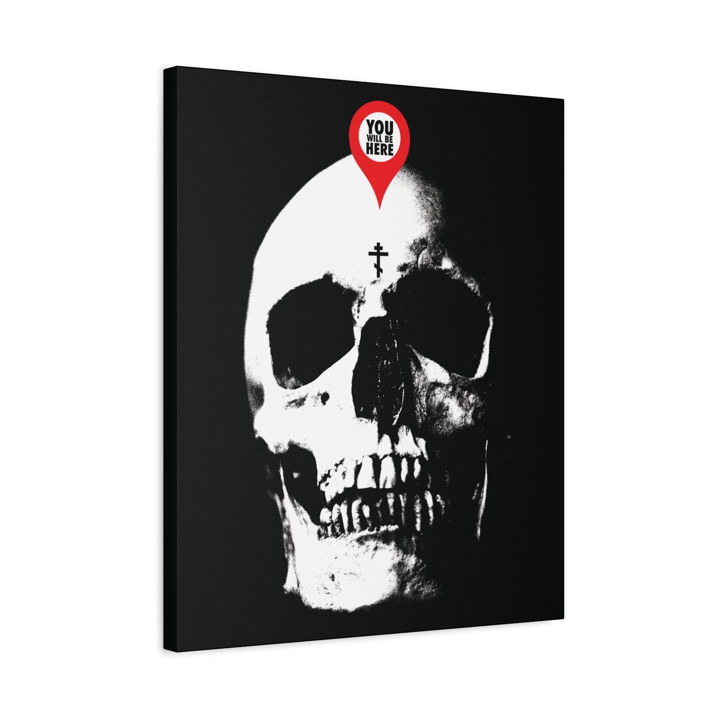 The "You Will Be Here Maps Marker on Skull" Orthodox Christian canvas art features a skull with a cross and a red marker, symbolizing memento mori and the message: What you are I once was—remember you will die.