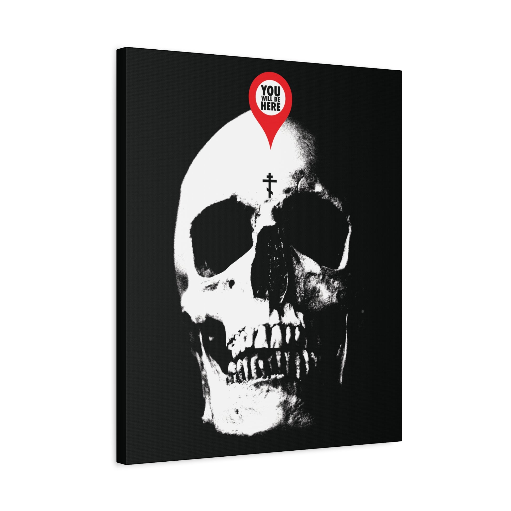 The "You Will Be Here Maps Marker on Skull" Orthodox Christian canvas art features a skull with a cross and a red marker, symbolizing memento mori and the message: What you are I once was—remember you will die.