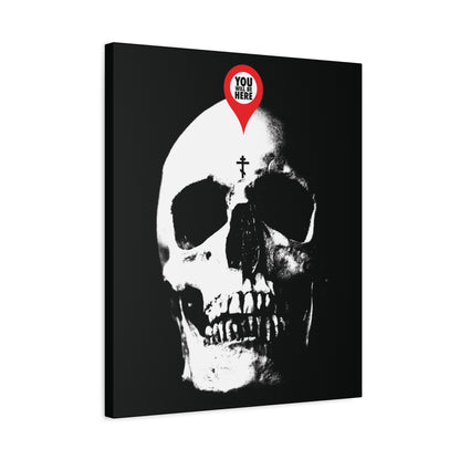 The "You Will Be Here Maps Marker on Skull" Orthodox Christian canvas art features a skull with a cross and a red marker, symbolizing memento mori and the message: What you are I once was—remember you will die.