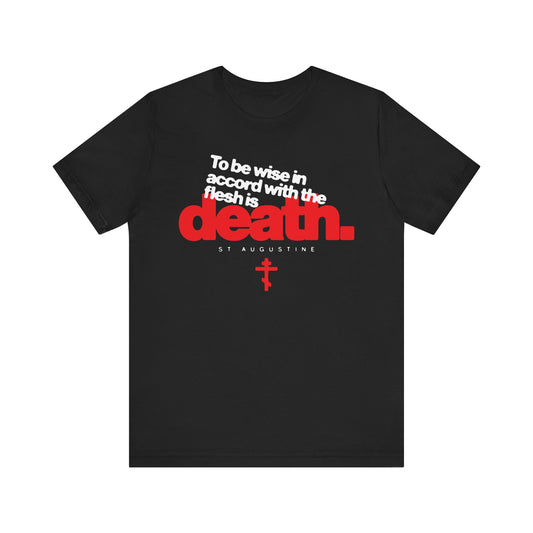 Certainly! Here’s a rewritten sentence using your product data: The "To Be Wise In Accord With the Flesh is Death (St Augustine) | Orthodox Cross | Christian Lightweight Cotton Unisex Tee" is a black t-shirt featuring St. Augustine's powerful quote and a bold red Orthodox cross, evoking reflections on the spiritual battle between fleshly desires and God's law—a theme explored by saints such as St. Hesychios The Priest.