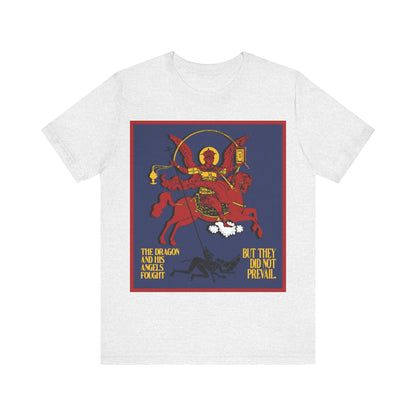 Archangel Michael of the Apocalypse IconoGraphic (Revelation 12:7-8) | Red Angel and Horse on Blue Background | Orthodox Christian T-Shirt