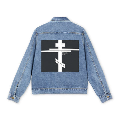 Medium denim wash jean jacket featuring a large black patch with a white Orthodox cross design on the back, inspired by Luke 1:32-33. Modern minimalist Christian logo style—"Whose Kingdom Shall Have No End.