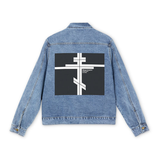 Medium denim wash jean jacket featuring a large black patch with a white Orthodox cross design on the back, inspired by Luke 1:32-33. Modern minimalist Christian logo style—"Whose Kingdom Shall Have No End.