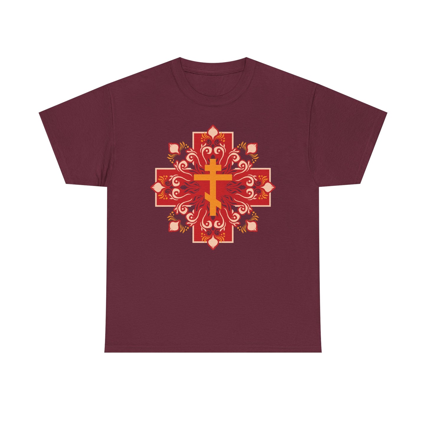 Maroon Orthodox Christian heavy cotton t-shirt featuring an orange and red festive cross design with “By His Wounds You Have Been Healed” (1 Peter 2:24).