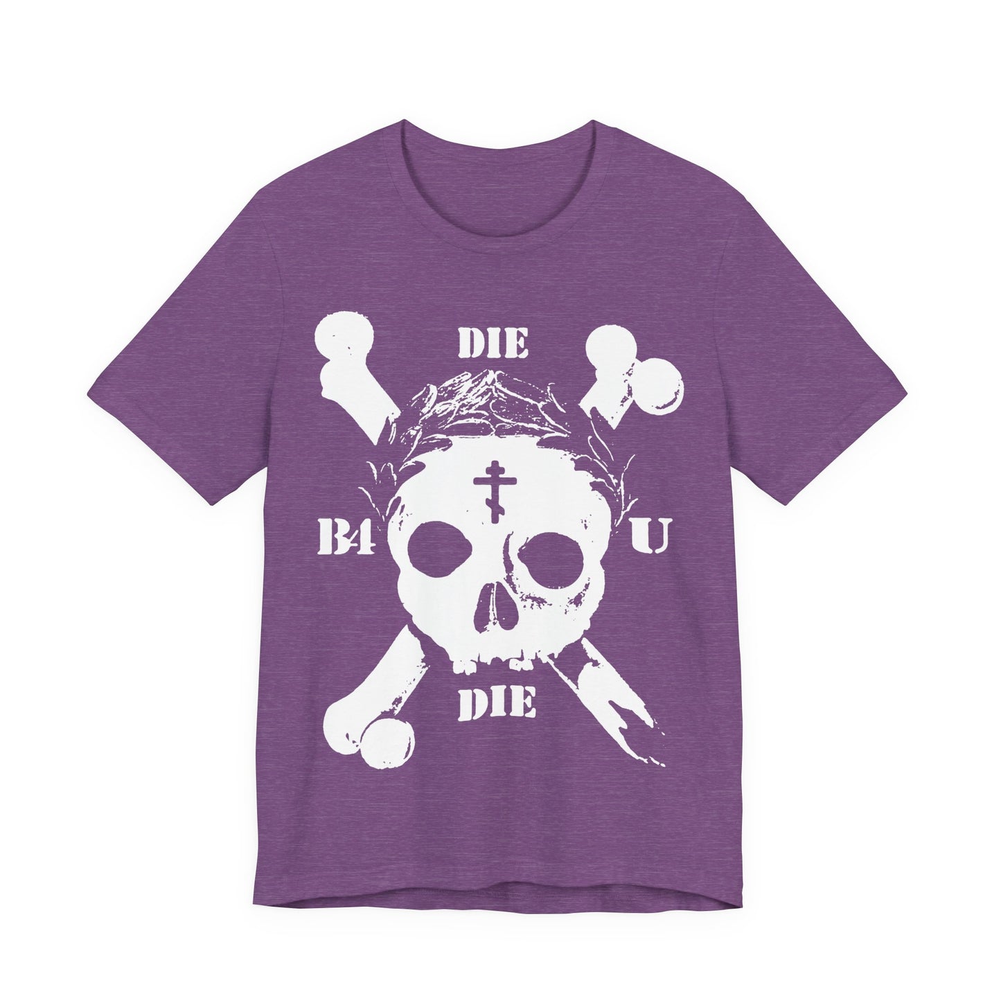 Heather Team Purple t-shirt featuring a retro skull, crossbones, Orthodox cross, laurel wreath, and "Die Before You Die" text—ascetic Christian design inspired by Memento Mori.