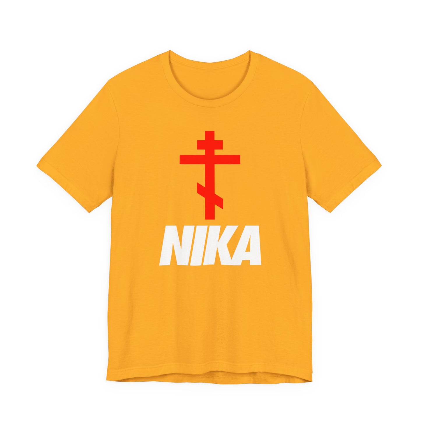 Gold t-shirt with a red Orthodox cross and Christogram above bold white NIKA text, merging traditional iconography with a modern NIKE-inspired minimalist design. “Jesus Christ Conquers” theme; athletic ascetic Christian fashion statement.