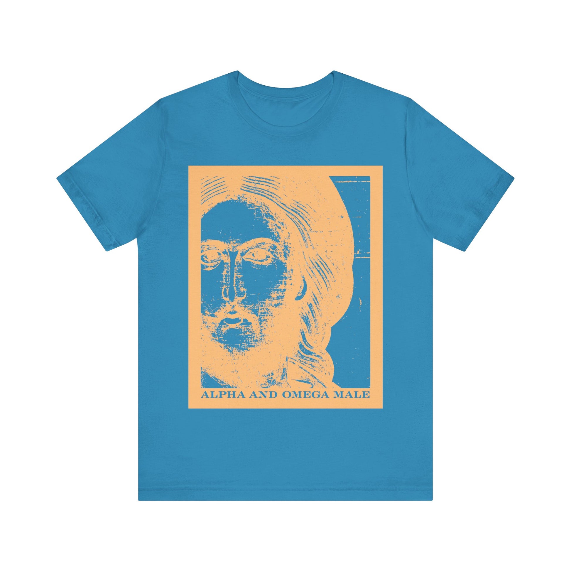 Aqua tee featuring a stylized Jesus Christ photonegative, "Alpha & Omega Male," and "I am the Beginning & the End (Rev 22)" text. Orthodox Christian cotton unisex shirt.
