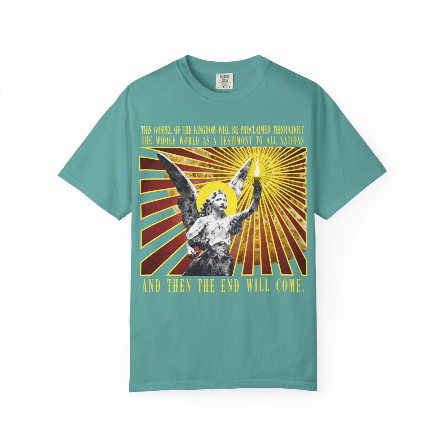 A seafoam T-shirt named “And Then the End Will Come (Matthew 24:14) Cemetery Angel Holding Lamp Emitting Rays” features a bold design of a cemetery angel holding a lamp with red and yellow rays, along with religious text about the gospel, tribulation, and warnings against false prophets. Crafted from heavyweight cotton, this Christian unisex shirt offers both comfort and meaningful style.