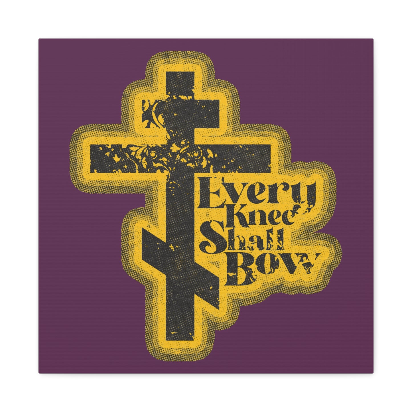 A black and yellow cross with "Every Knee Shall Bow," Philippians 2:10-11, and Isaiah 45:23 in a 70s distressed comic book style on a purple background. Christian wall art.