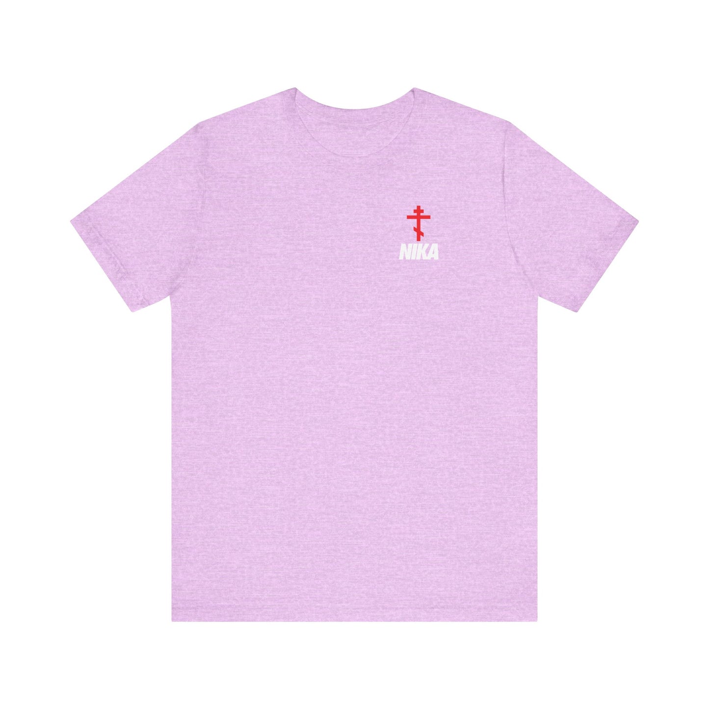 Heather Prism Lilac tee featuring a small red Orthodox cross, bold NIKA text styled as a NIKE logo mashup, and Christogram on the upper left chest—an athletic ascetic Christian design in lightweight unisex cotton.