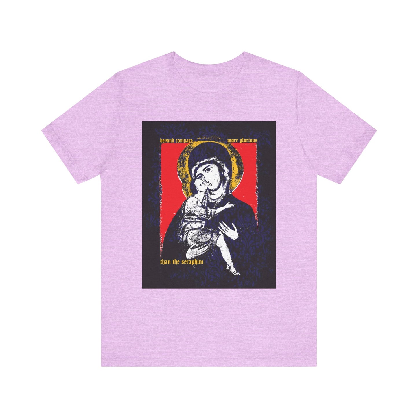 The Beyond Compare More Glorious Than the Seraphim T-shirt in Heather Prism Lilac features a Vladimir Theotokos icon with gold accents and floral texture—an Orthodox tribute in lightweight cotton.