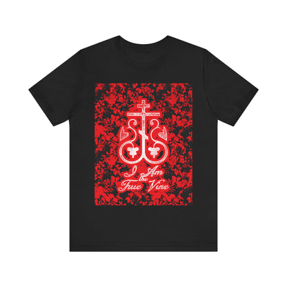 I Am the True Vine (John 15:1) | Orthodox Cross Vine Monogram | Red and Black Floral Design | Orthodox Christian T-Shirt