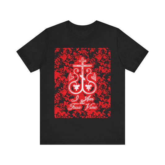 I Am the True Vine (John 15:1) | Orthodox Cross Vine Monogram | Red and Black Floral Design | Orthodox Christian T-Shirt