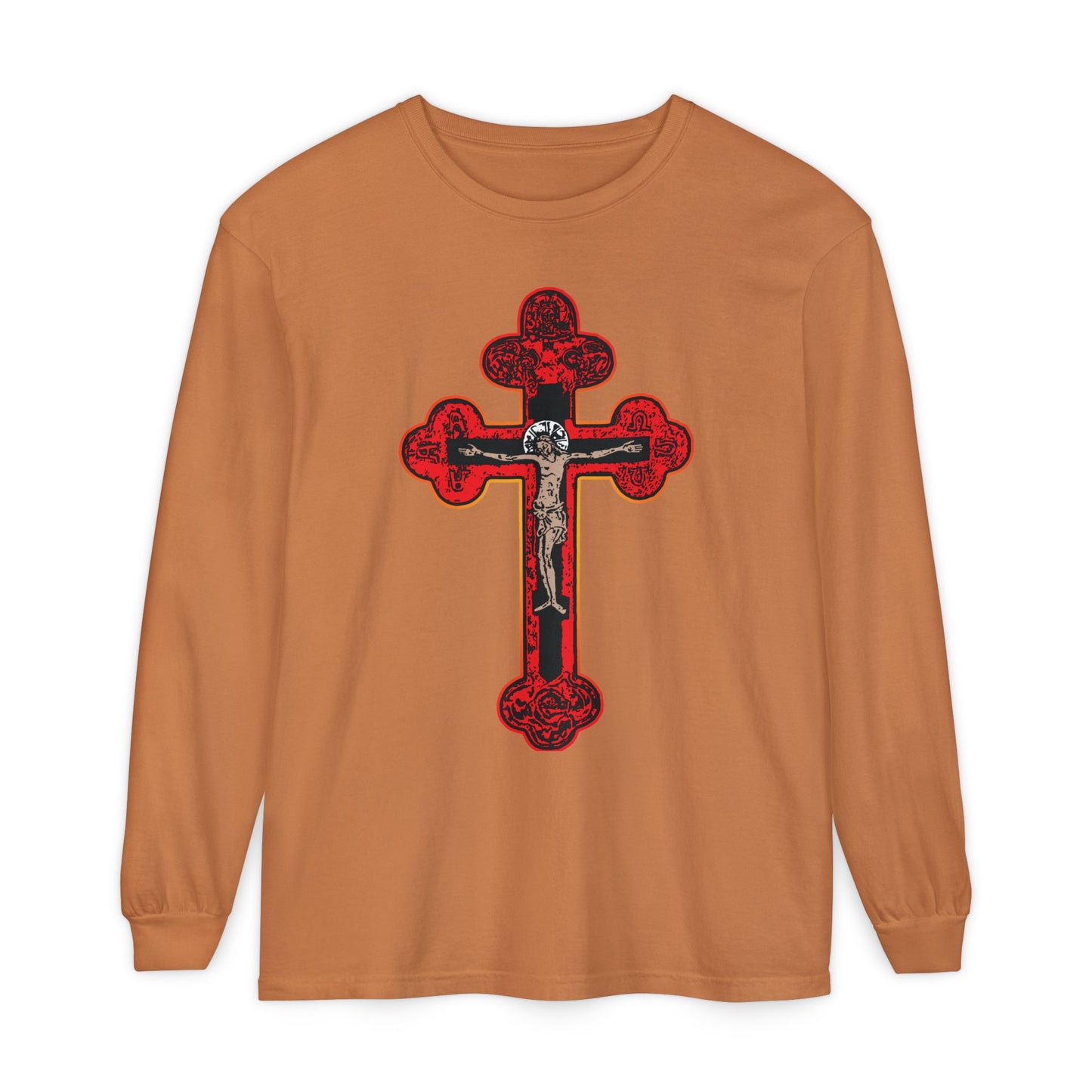 Yam long-sleeve cotton shirt featuring a large red Orthodox Christian crucifix with Byzantine Golgotha cross, Alpha & Omega symbols, and "I Am Crucified With Christ" inspiration on the front.