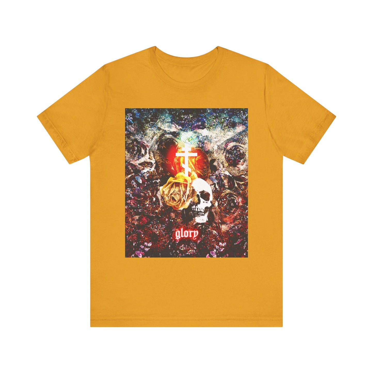 Now the Son of Man is Glorified (John 13:31) mustard tee—a lightweight cotton unisex shirt featuring a striking graphic of a skull, roses, and a glowing cross with the word "glory" in stylized text. This Orthodox Christian design nods to Jesus’ betrayal and redemption, evoking themes reminiscent of the Last Supper.