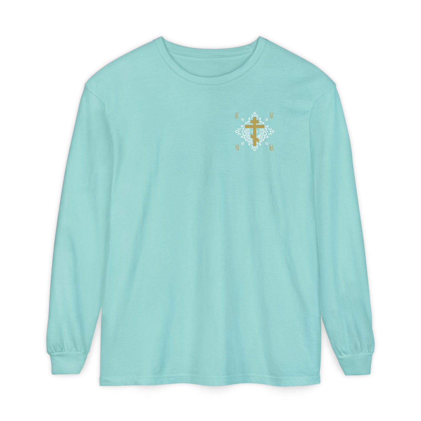 Gold Orthodox Cross ICXC NIKA  (Small Design) | White Medieval Ornate Floral Pattern | Jesus Christ Conquers | Christian Long Sleeve
