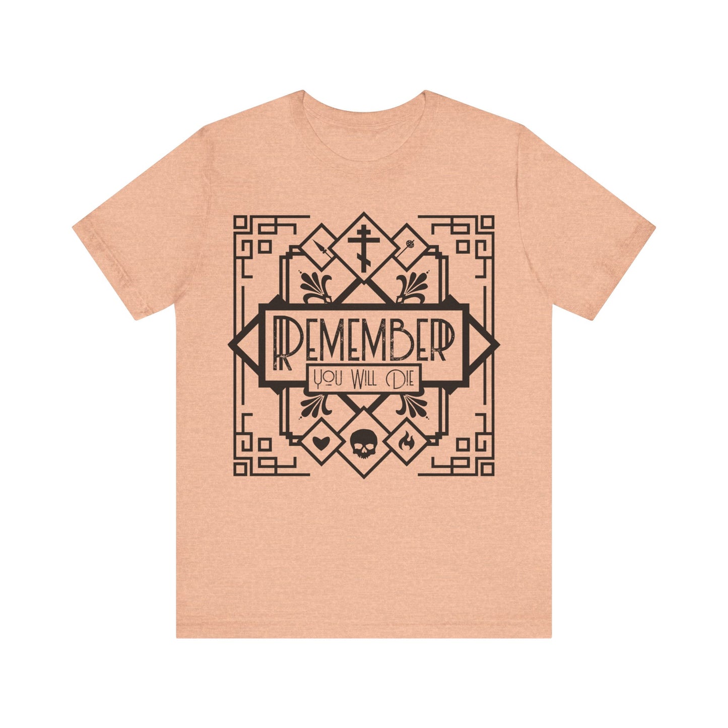 Heather Peach unisex tee featuring black and white Art Deco line art—skull, heart, and fire—with “Remember You Will Die” text. Inspired by Orthodox Christian memento mori themes. 100% cotton.