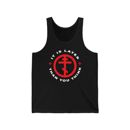Black tank top featuring an Orthodox cross in a circle and the text "It Is Later Than You Think," inspired by Fr Seraphim Rose's memento mori and call to spiritual vigilance.