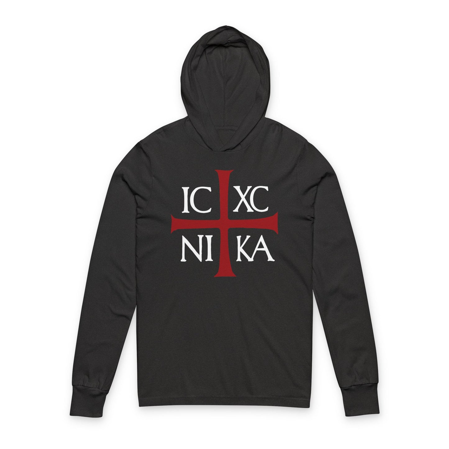 Charcoal Black TriBlend hoodie with red cross and white ICXC NIKA—an ancient Byzantine Christogram meaning "Jesus Christ Conquers"—on the front, inspired by Orthodox faith and Romans 8:31-39.