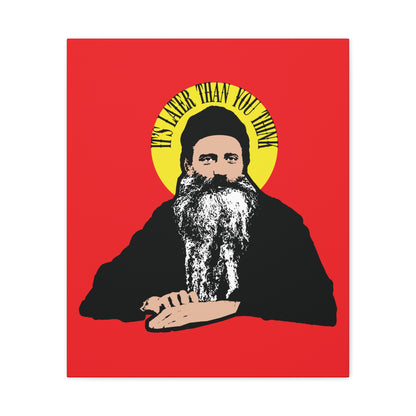 Featuring a bearded figure with a yellow halo and the quote "It’s Later Than You Think," this modern Orthodox Christian wall art honors Fr Seraphim Rose, reflecting on the journey after death.