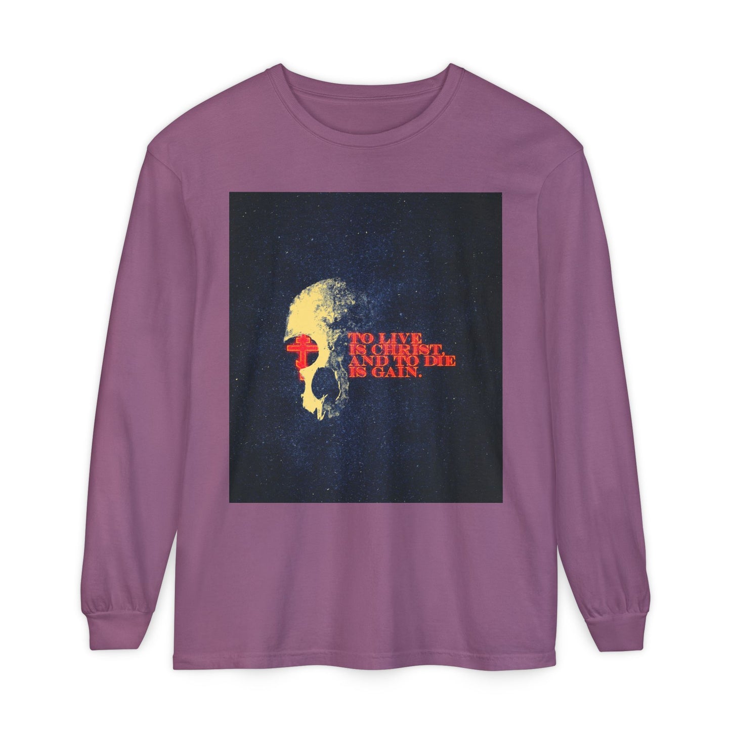 To Live is Christ and to Die is Gain | Phil 1:21 | Retro Texture | Glowing Letters and Cross with Skull | Orthodox Christian Long Sleeve Shirt