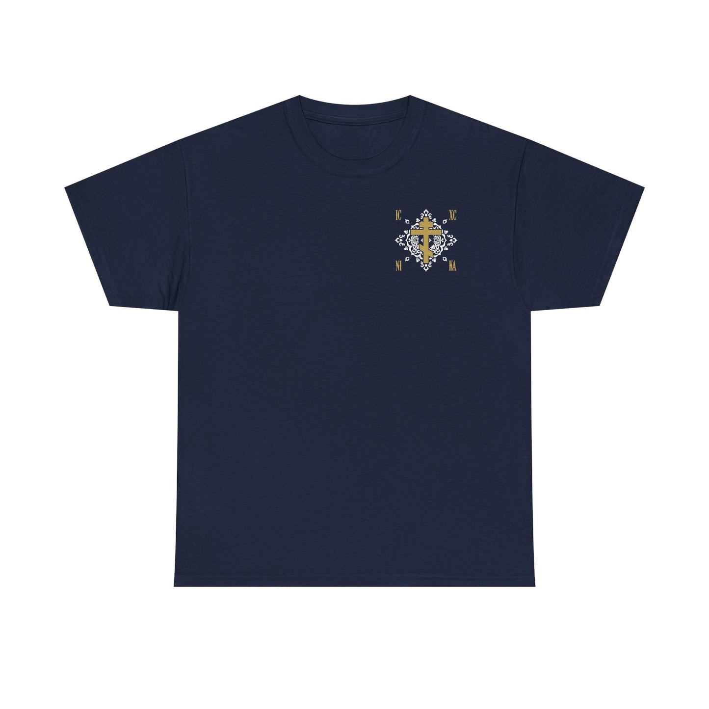 Gold Orthodox Cross ICXC NIKA  (Small Design) | White Medieval Ornate Floral Pattern | Jesus Christ Conquers | Midweight Cotton Unisex Tee