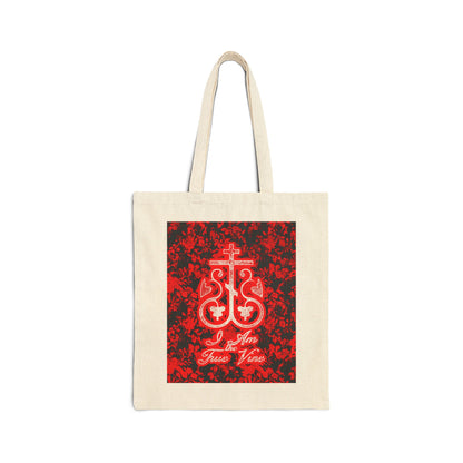 I Am the True Vine (John 15:1) | Orthodox Cross Vine Monogram | Red and Black Floral Design | Orthodox Christian Cotton Canvas Tote Bag