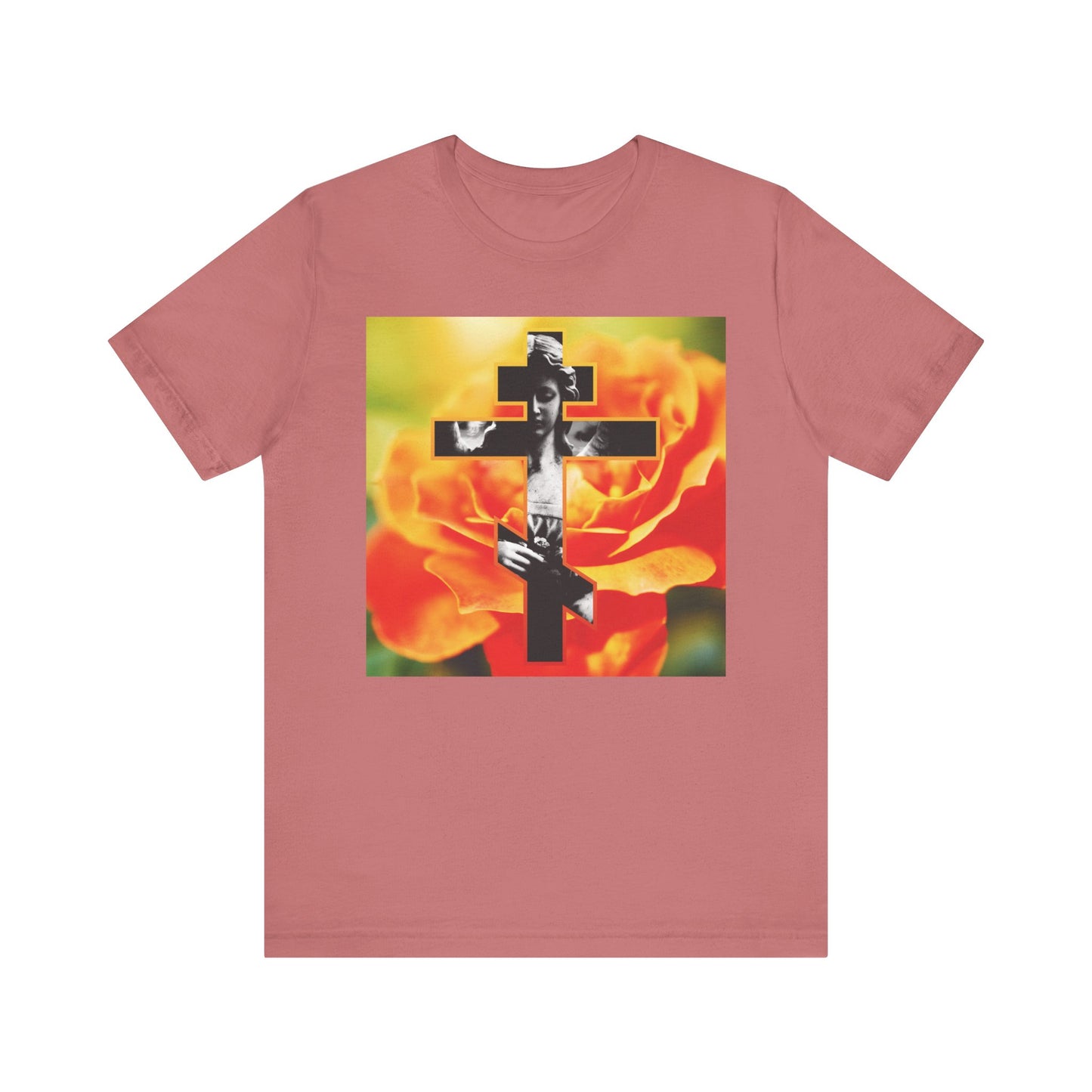Mauve unisex tee featuring a cemetery statue angel cross on an orange rose, with "Remember You Will Die" and Memento Mori theme. Orthodox Christian lightweight cotton shirt.