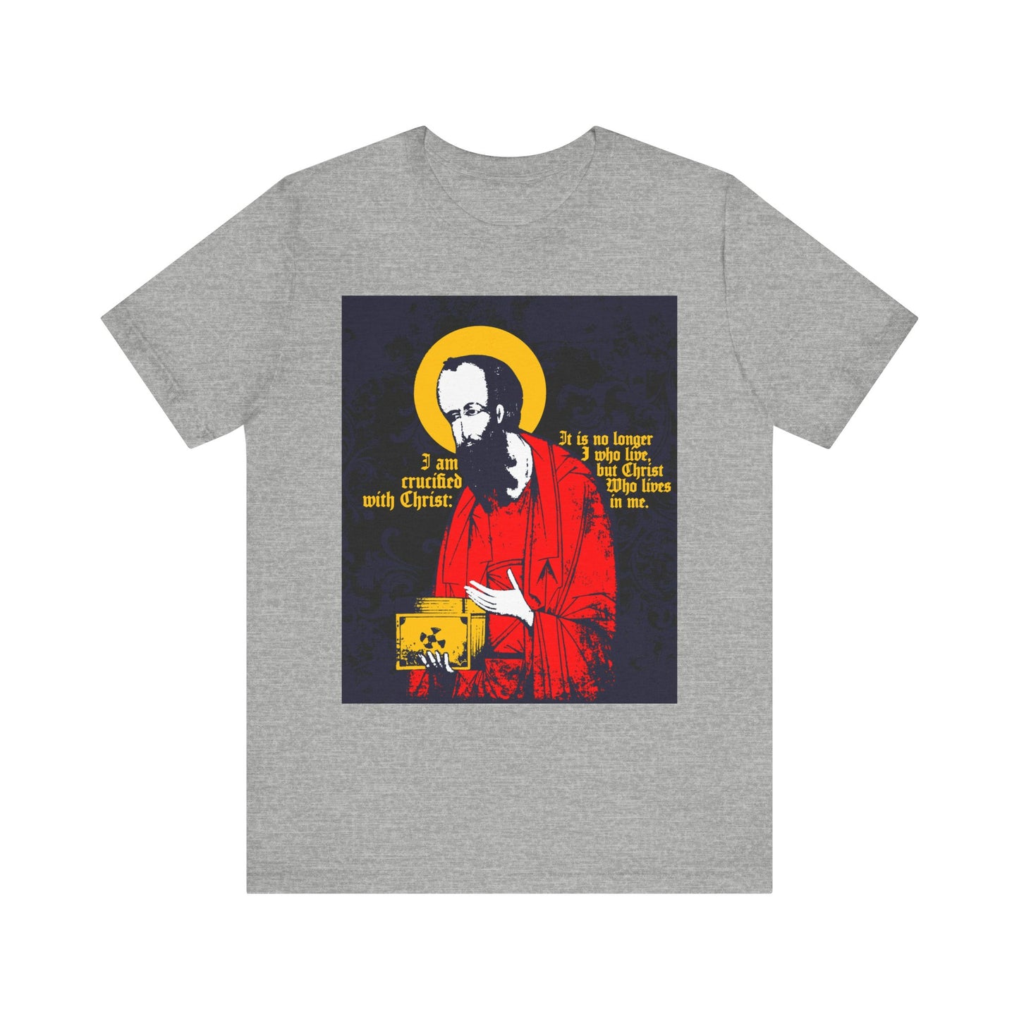 Athletic Heather unisex tee featuring iconographic artwork of St Paul holding the Gospel and the text "I am crucified with Christ" (Galatians 2:20), boldly expressing Orthodox Christian faith and new life in Christ.