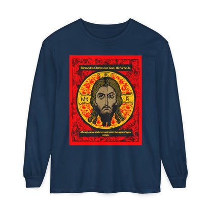 Remembrance of Death "Made Without Hands (Mandylion/Image of Edessa)" long-sleeve shirt features a red, black, and yellow Jesus Christ Orthodox icon graphic with halo, ornate patterns, religious text, and "Troparion Tone 2" at the top and bottom.