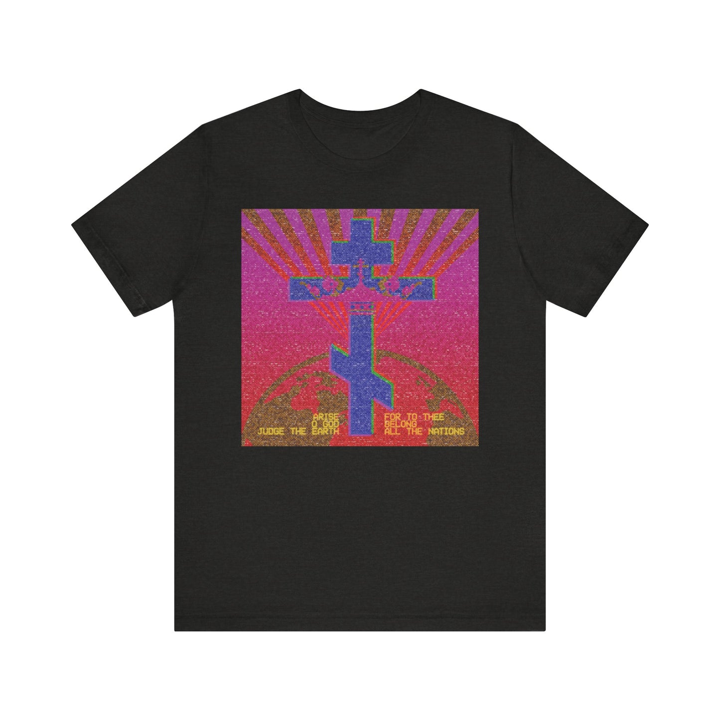 Black Heather t-shirt featuring an 80s retro pixel design inspired by Psalm 81, with bold cross, colorful graphics, and "Arise, O God, Judge the Earth," Orthodox Christian lightweight unisex cotton tee.