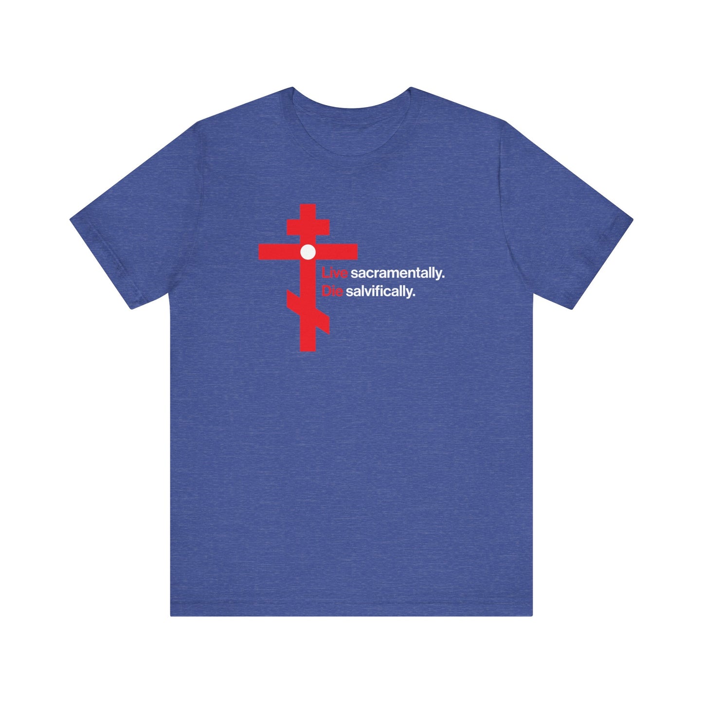 Live Sacramentally, Die Salvifically | Remember You Will Die | Memento Mori | Red Orthodox Cross White Circle | Lightweight Cotton Unisex Tee