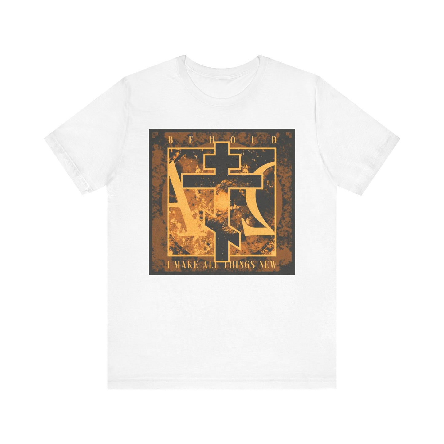 White "Behold, I Make All Things New (Rev 21:5)" unisex cotton t-shirt featuring a brown & orange Orthodox cross with Alpha & Omega background—symbolizing the promise of renewal.