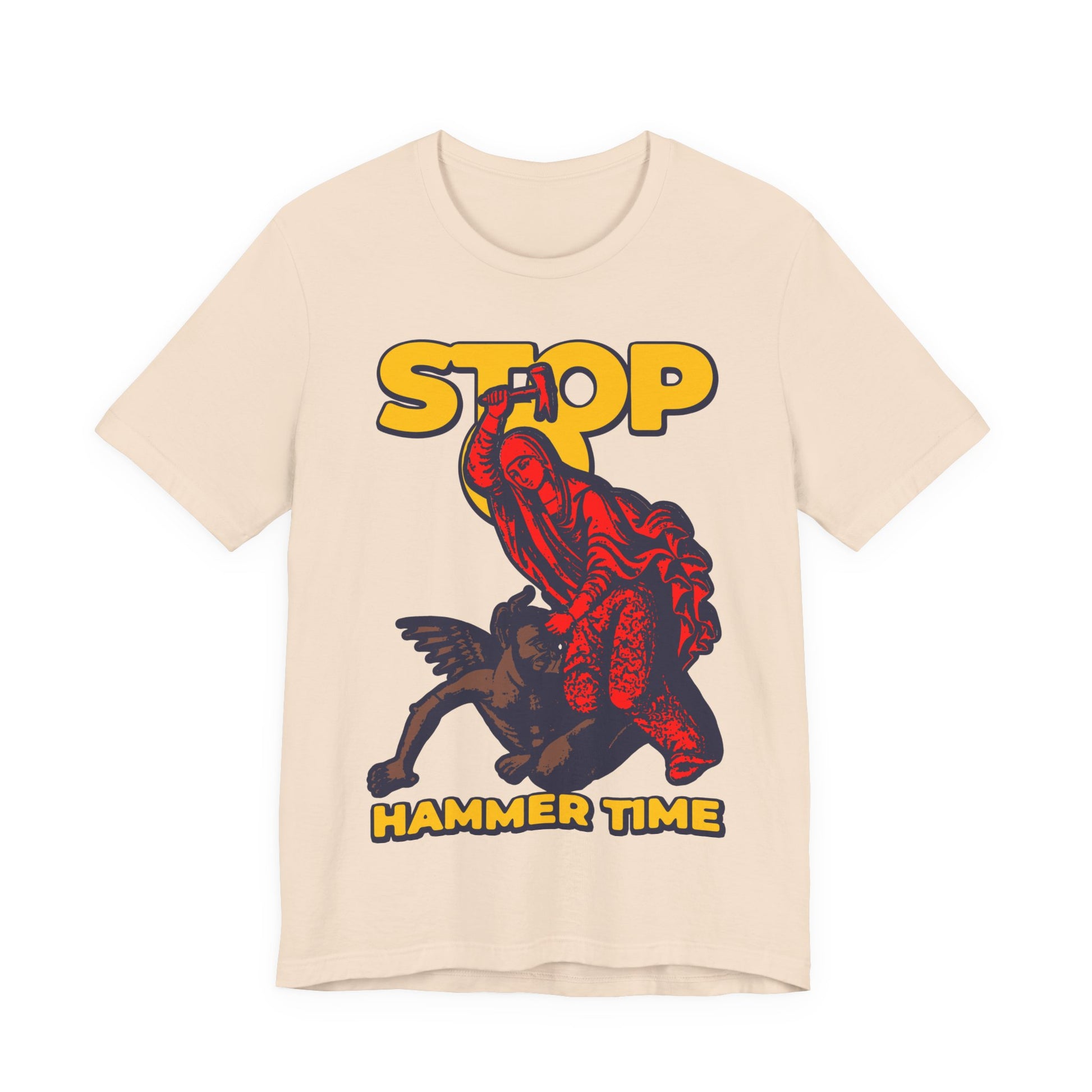 Beige unisex tee featuring St Marina of Antioch beating the devil with a hammer, “Stop, Hammer Time” text, and a bold red, blue, and yellow design—a modern Orthodox Christian meme shirt.