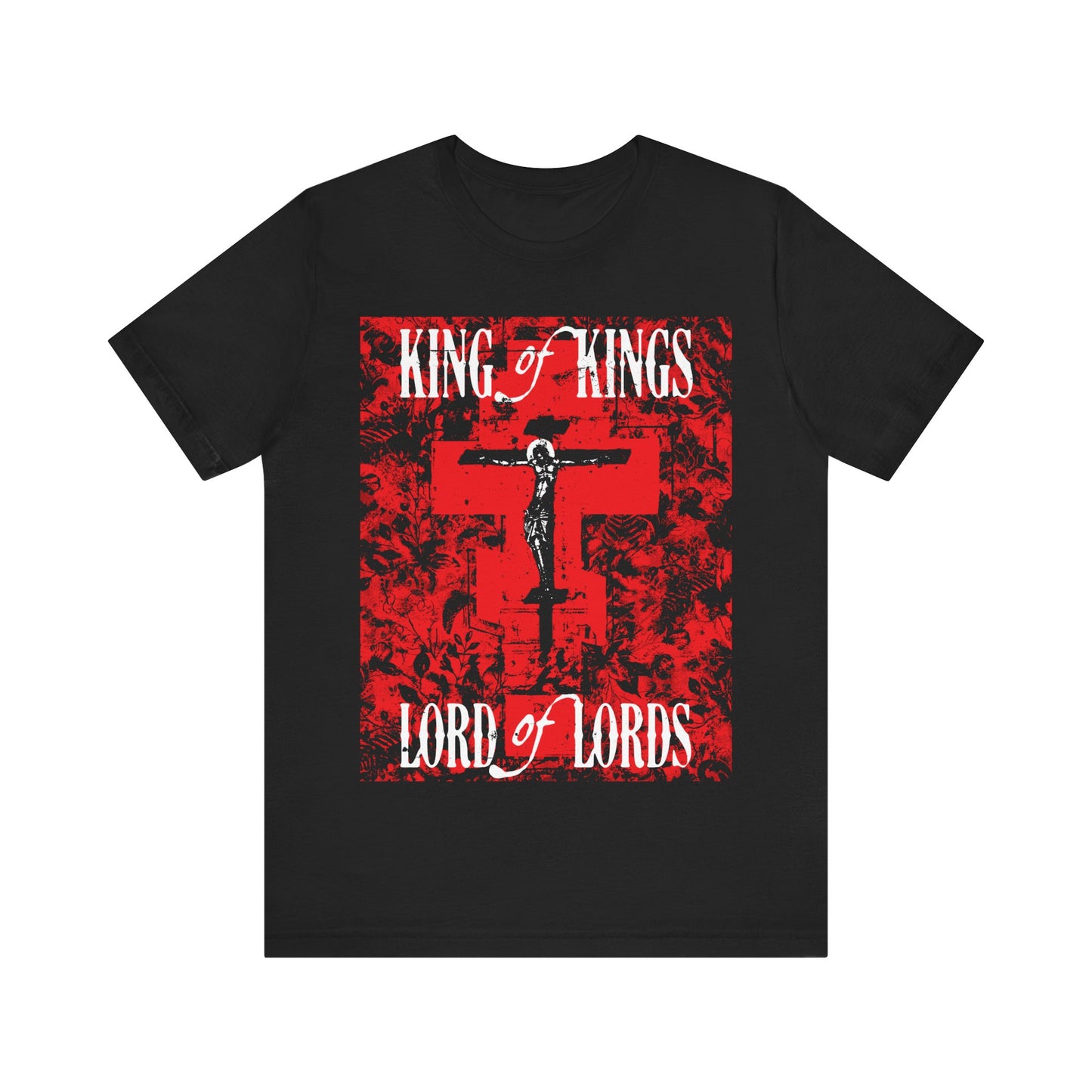 King of Kings, Lord of Lords | Christ Crucified Icono-Graphic | Red Cross Nature Texture w/ White Text | Christian Cotton T-Shirt