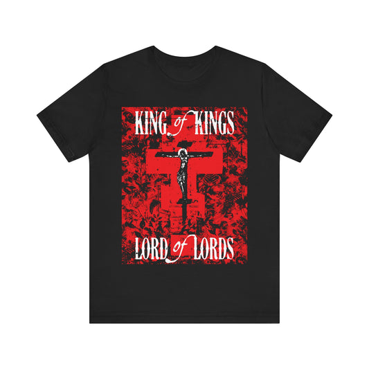 King of Kings, Lord of Lords | Christ Crucified Icono-Graphic | Red Cross Nature Texture w/ White Text | Christian Cotton T-Shirt