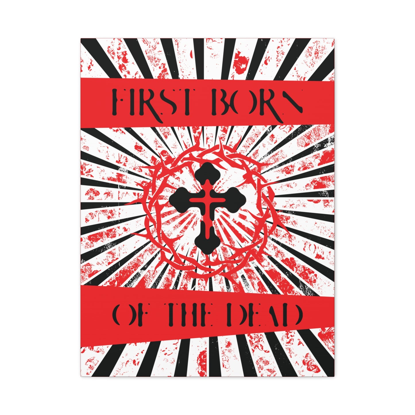 First Born of the Dead | Orthodox Cross and Crown of Thorns | Red White and Black Textured Design with Rays | Orthodox Christian Canvas Art