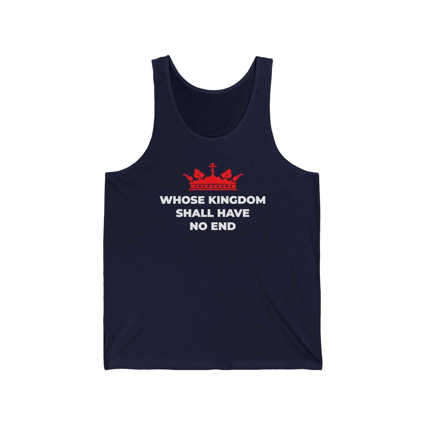 Navy cotton tank top with a red Orthodox cross crown and white "Whose Kingdom Shall Have No End" text, inspired by the Nicene Creed and Christian eschatology.