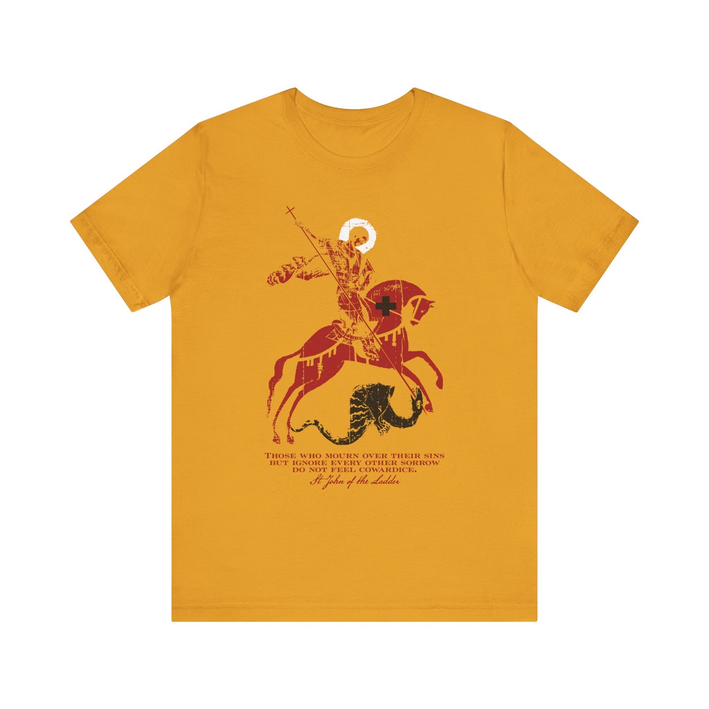 Mustard-colored unisex cotton tee featuring the “Those Who Mourn Over Their Sins” design: an iconographic depiction of St George slaying the dragon, accompanied by text inspired by St John Climacus and the Orthodox Christian understanding of godly mourning.