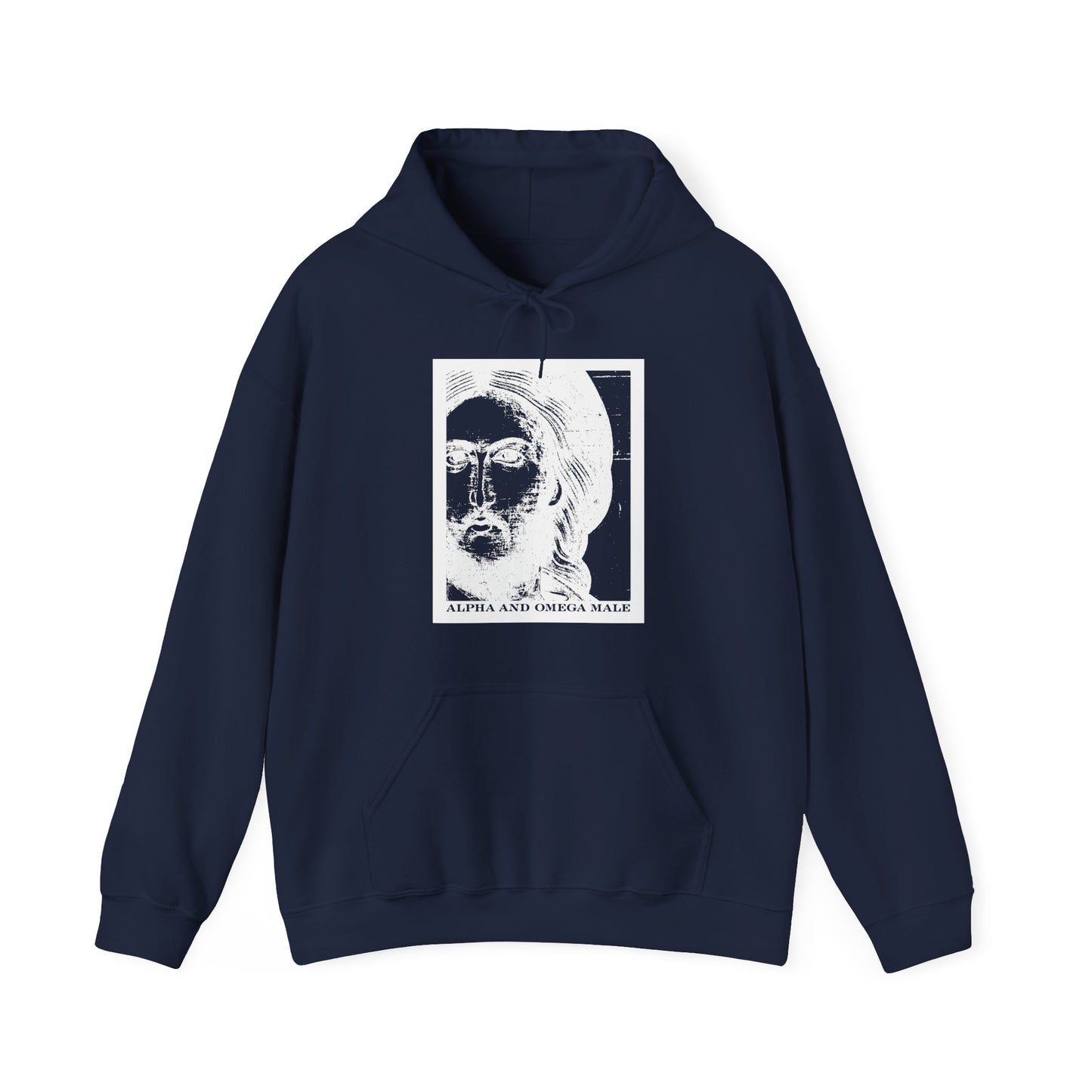 Navy Alpha & Omega Male hoodie featuring a photonegative Jesus Christ graphic and "I am the Beginning & the End (Rev 22)"—Orthodox Christian cotton/poly blend.