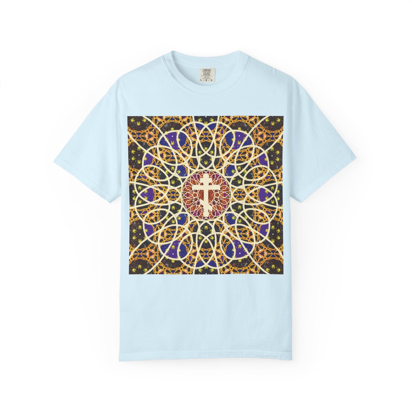 Chambray heavyweight cotton unisex T-shirt featuring the “Medieval Cosmology Rose Window Orthodox Cross” design—a vibrant stained glass-inspired mandala with a white cross at its center and the inscription, “Let all the earth venerate the Cross,” reflecting themes of Tone 6 Sunday Matins and the promise of the robe of incorruption.