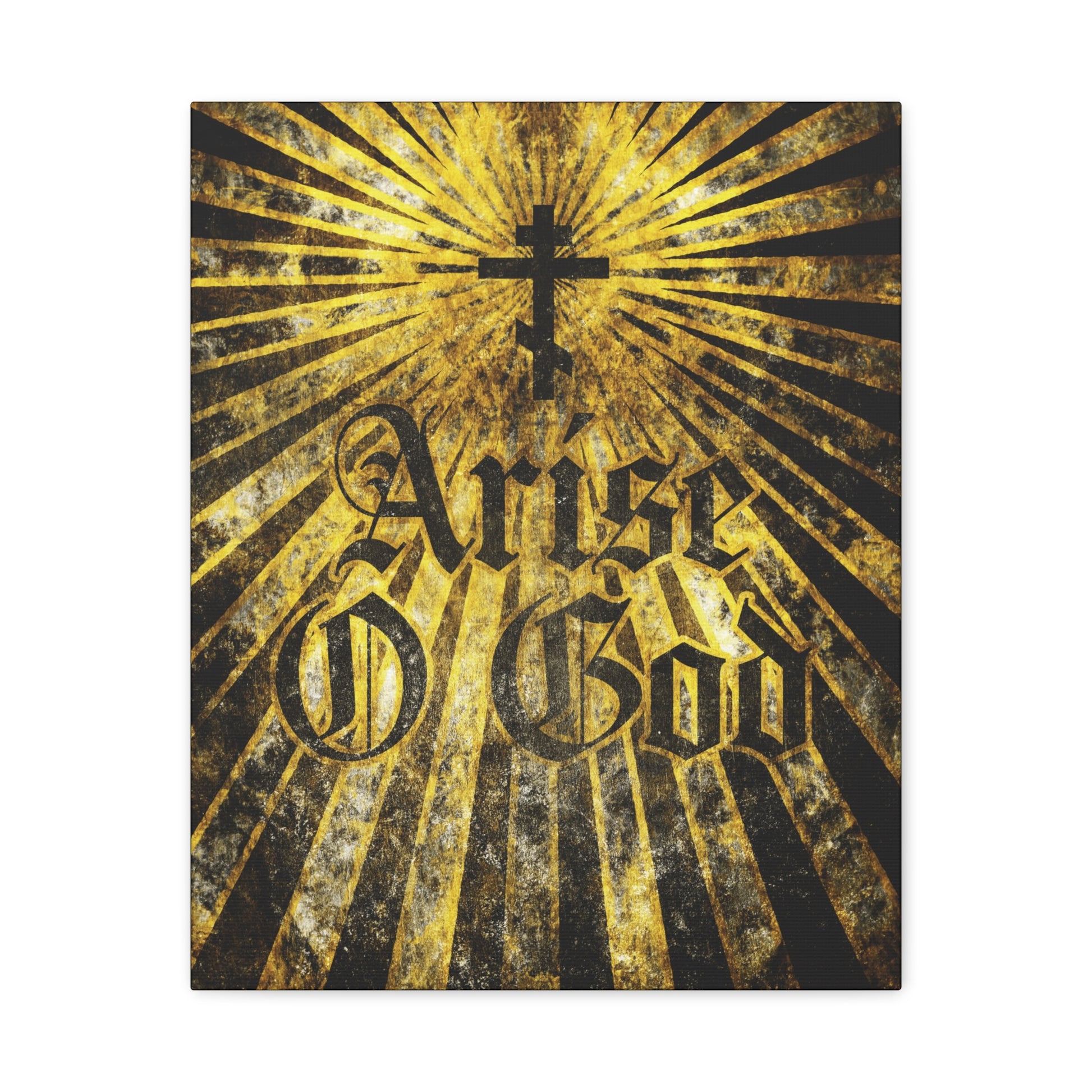 Arise O God | Psalm 81 (82 LXX): Orthodox Christian wall art featuring a textured Gothic font, an Orthodox cross above the text, and golden rays inspired by the Divine Council worldview.