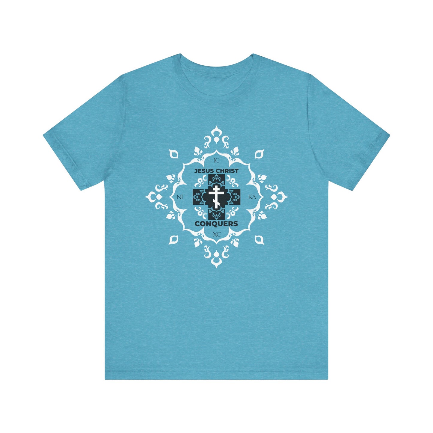 Heather aqua unisex cotton tee featuring a white Orthodox cross with medieval filigree and bold red "ICXC NIKA | Jesus Christ Conquers" text in modern font at the center, symbolizing victory over sin in the spirit of St. John Chrysostom.