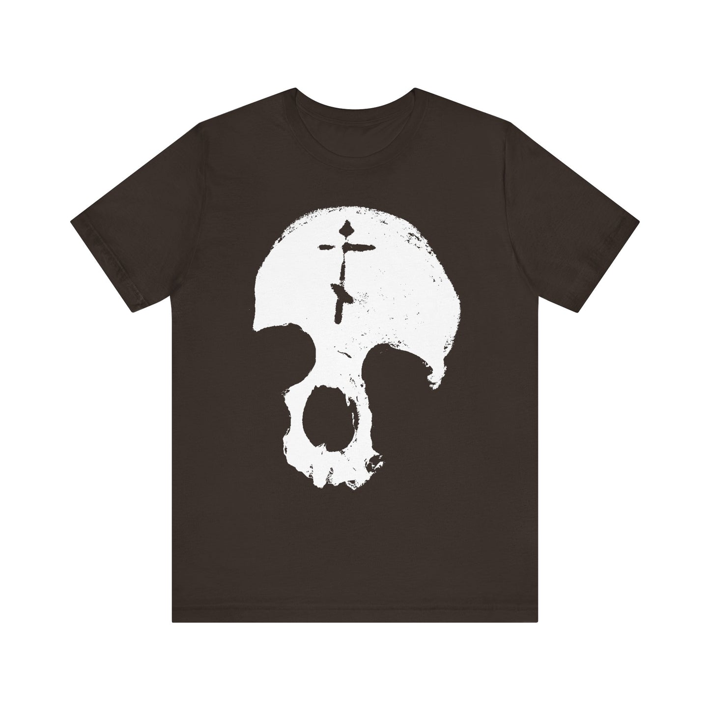 Sure! Here’s a rewritten sentence using the provided product data: Brown lightweight cotton unisex tee featuring a bold white skull with an Orthodox cross and abstract black markings on the forehead, evoking meditative reflections on human glory and vanity—an artistic memento mori inspired by Gothic Christian themes.