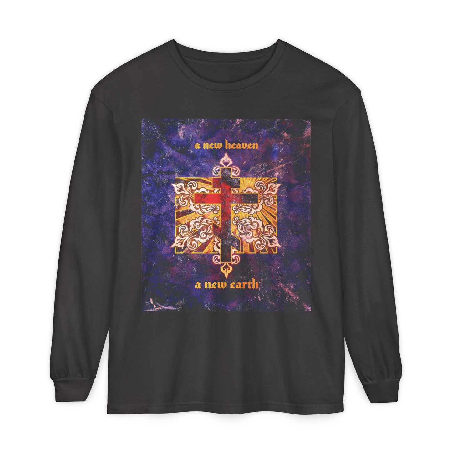 A New Heaven/A New Earth | Red Orthodox Cross on Textured Ornate Background | Red Blue & Gold Design | Orthodox Long Sleeve Cotton Shirt