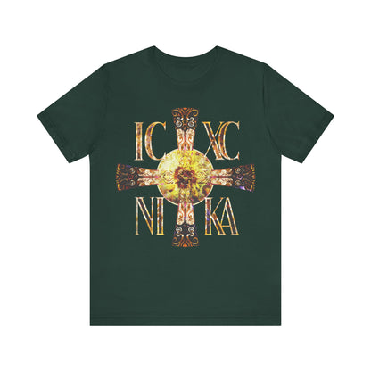 ICXC NIKA Celtic Style Equal Armed Cross | Bright Solar Texture | Orthodox Christian T-Shirt