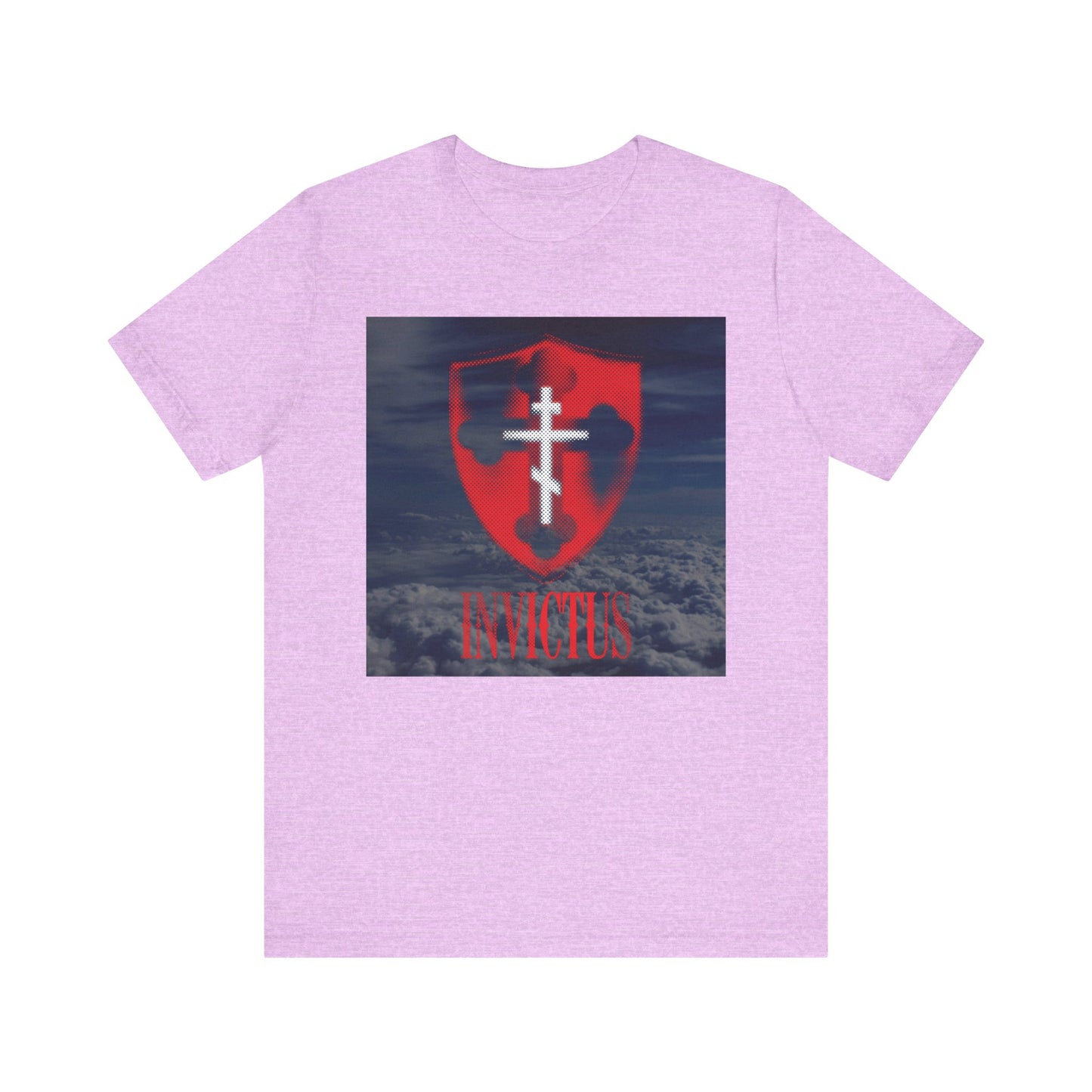 Heather Prism Lilac unisex tee featuring a glowing red halftone shield, bold white Orthodox cross, and "Christ Unconquered" INVICTUS text above a serene clouds background—drawing inspiration from 1 Corinthians 15:54: “Death is swallowed up in victory,” and symbolizing hope and immortality.