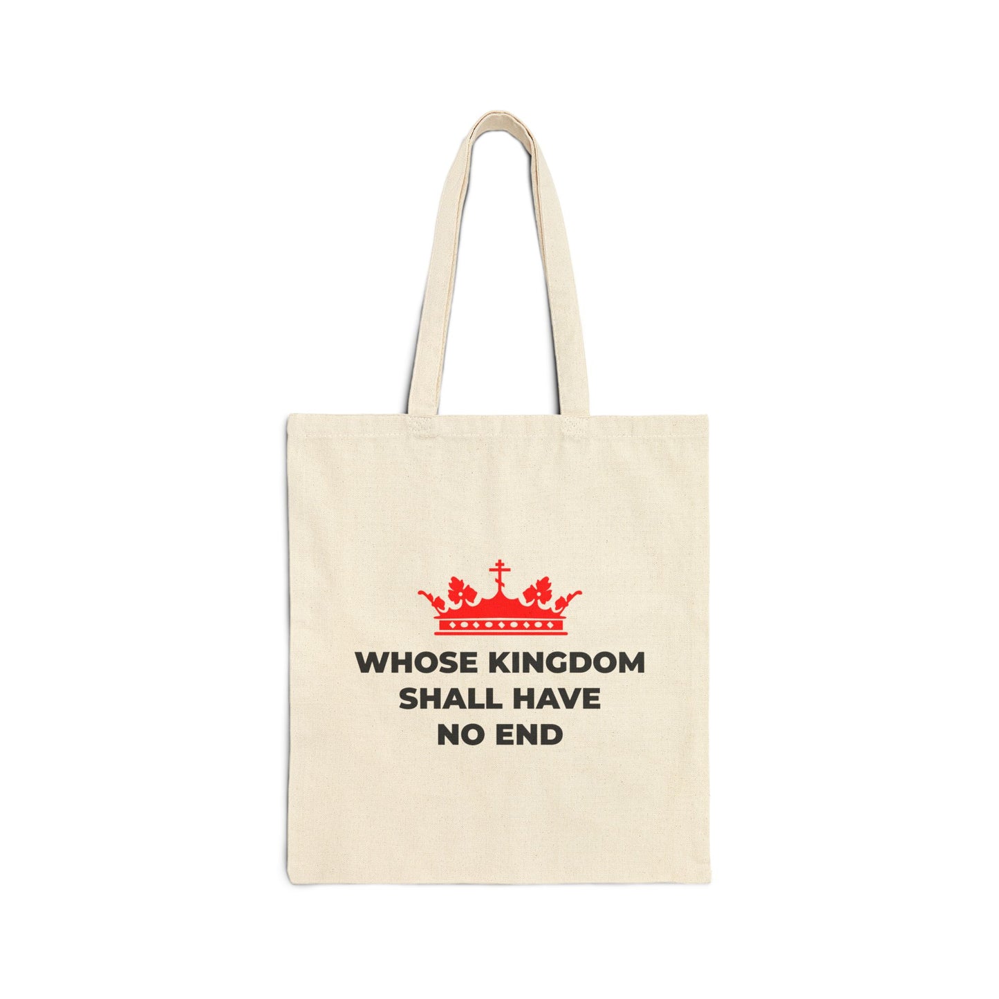 Natural cotton tote bag featuring a red Orthodox cross crown and "Whose Kingdom Shall Have No End" text, inspired by the Nicene Creed and Christian eschatology, celebrating Jesus Christ’s eternal kingship.