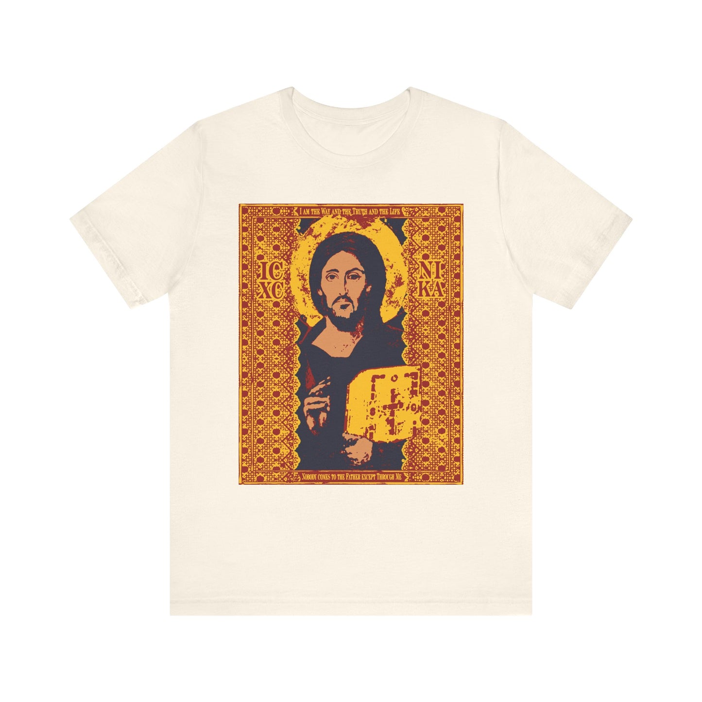 Natural-colored lightweight cotton unisex tee featuring the Jesus Christ Sinai Pantocrator IconoGraphic, bordered by ornate gold and red patterns, with the inscription "ICXC NIKA" and "I am the Way - John 14:6.