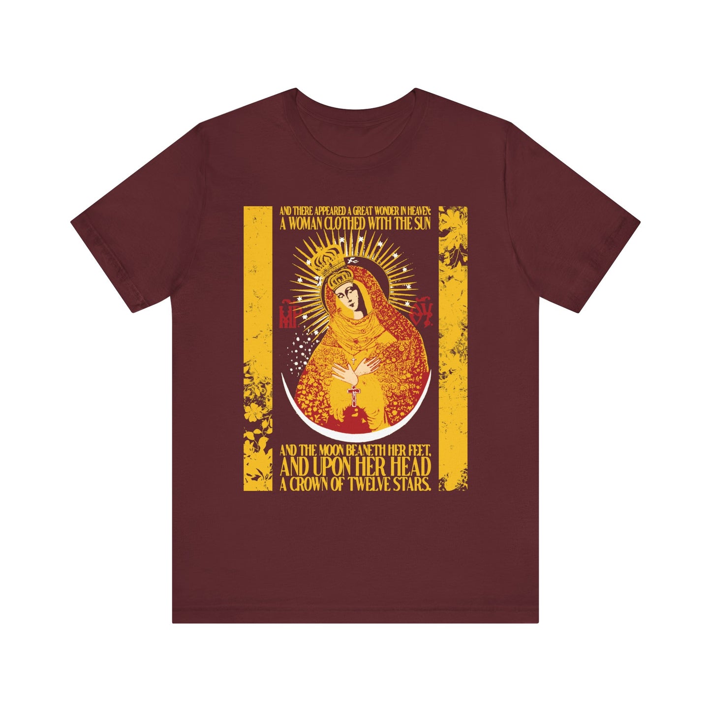 Maroon lightweight cotton unisex t-shirt featuring "Our Lady the Gate of Dawn" as the Woman of the Apocalypse (Rev 12:1), with Theotokos in gold floral texture, surrounded by stars, rays, and uncreated light.
